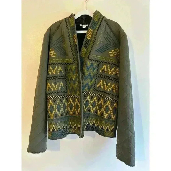 Tribal Jeans Embroidered Quilted Green Boho Cabincore Open Jacket Size Small - Picture 3 of 7